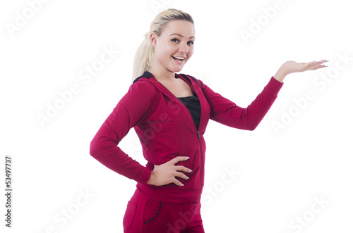 Photo: Young woman doing exercises on white Young woman doing exercises on white