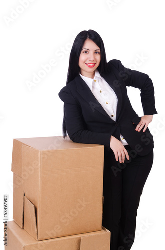 Photo: Woman with lots of boxes on white Woman with lots of boxes on white
