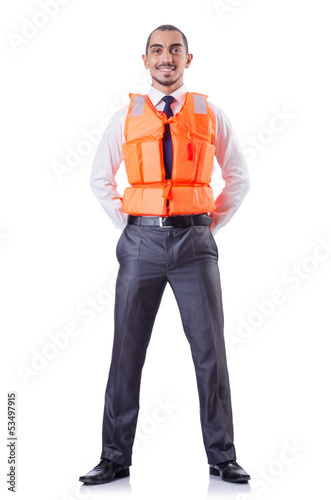 Photo: Man in life jacket isolated on white Man in life jacket isolated on white