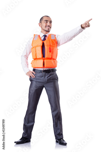 Photo: Man in life jacket isolated on white Man in life jacket isolated on white