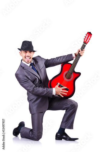 Photo: Businessman quitar player isolated on white Businessman quitar player isolated on white