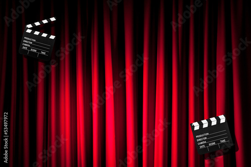 Photo: Movie clapper board against curtain Movie clapper board against curtain