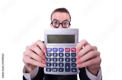 Photo: Nerd female accountant with calculator Nerd female accountant with calculator