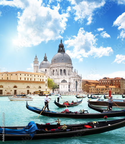 Photo: gondolas on Canal and Basilica Santa Maria della Salute, Venice, gondolas on Canal and Basilica Santa Maria della Salute, Venice,