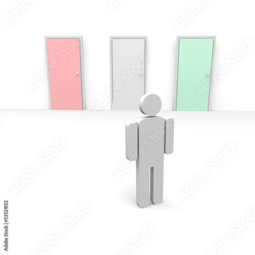 Illustration: mann, tür, türen, entscheidung, mann, tür, türen, entscheidung,