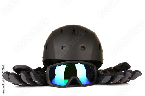 Photo: Winter sport glasses, helmet and gloves, isolated on white Winter sport glasses, helmet and gloves, isolated on white