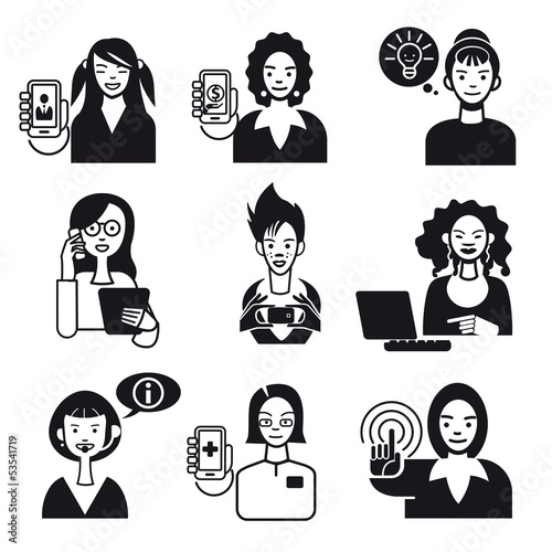 Vector: Working Women Faces Set Black and White Working Women Faces Set Black and White