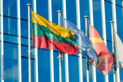 Photo: Lithuanian and UE Flags in Vilnius Financial District Lithuanian and UE Flags in Vilnius Financial District
