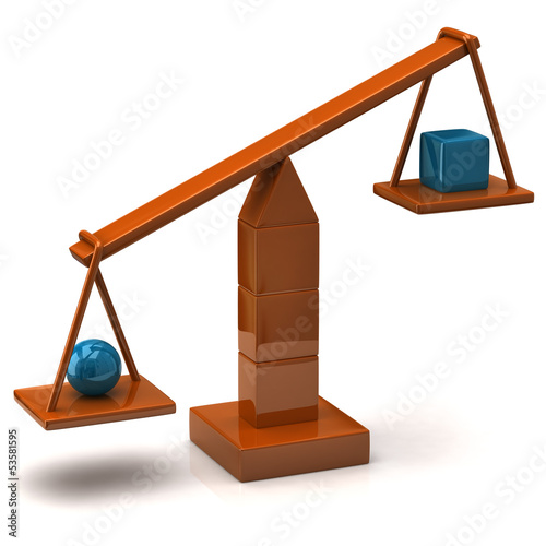 Illustration: Imbalance concept. Orange scales with blue sphere and cube. Imbalance concept. Orange scales with blue sphere and cube.
