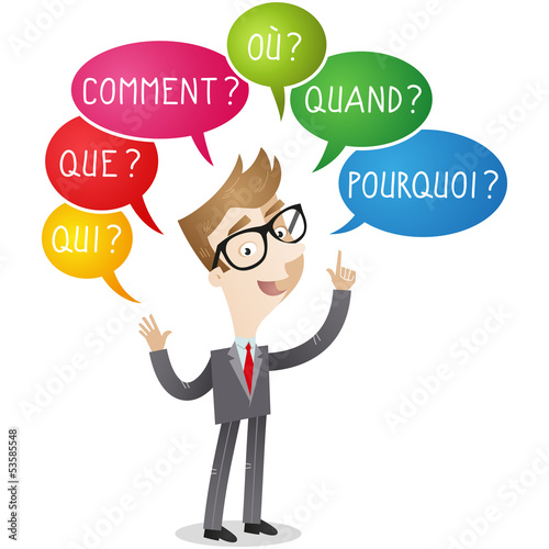 Vector: Businessman, qui, que, comment, où, quand, pourquoi Businessman, qui, que, comment, où, quand, pourquoi