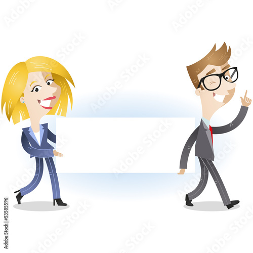 Vector: Business people, walking, holding sign, placard, smiling Business people, walking, holding sign, placard, smiling