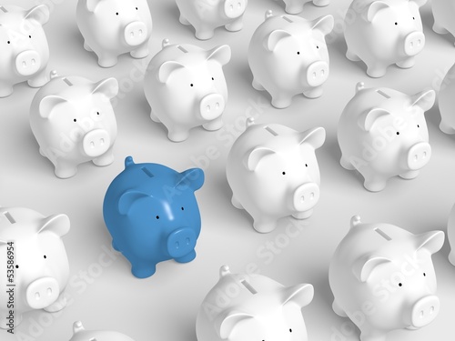 Illustration: Piggy bank - grid with blue pig Piggy bank - grid with blue pig