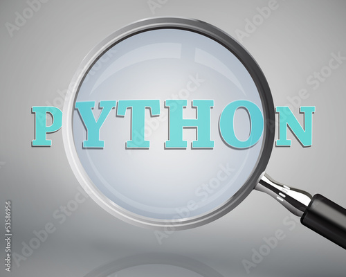 Illustration: Magnifying glass showing python word Magnifying glass showing python word