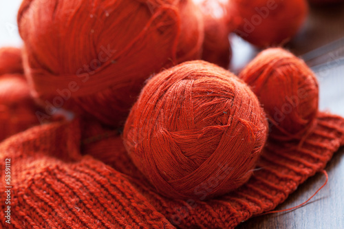 Photo: Orange knitwork with thread balls in a basket Orange knitwork with thread balls in a basket