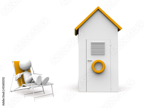 Illustration: White man sitting and beach cabin White man sitting and beach cabin