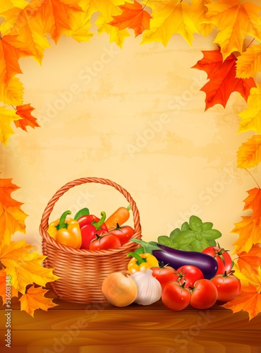 Vector: Autumn background with fresh vegetables in basket. Healthy Food. Autumn background with fresh vegetables in basket. Healthy Food.