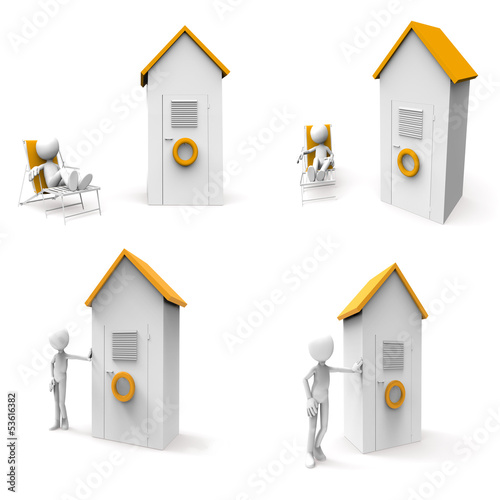 Illustration: White male and 4 beach cabins White male and 4 beach cabins