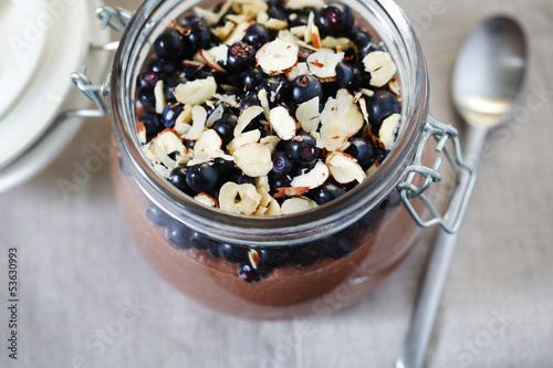 Photo: Blueberries with hazelnuts with chocolate pudding in a jar Blueberries with hazelnuts with chocolate pudding in a jar