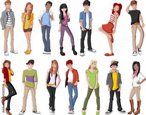 Vector: Group of fashion cartoon young people. Teenagers. Group of fashion cartoon young people. Teenagers.