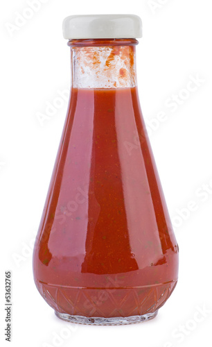 Photo: Glass bottle with tomato ketchup Glass bottle with tomato ketchup