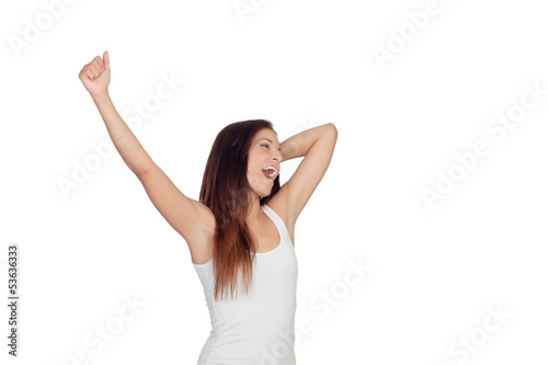 Photo: Brunette girl yawning and stretching morning Brunette girl yawning and stretching morning