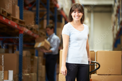Photo: Businesswoman Pulling Pallet In Warehouse Businesswoman Pulling Pallet In Warehouse