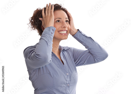 Photo: Lachende junge Frau - Einfall oder Idee - isoliert Lachende junge Frau - Einfall oder Idee - isoliert