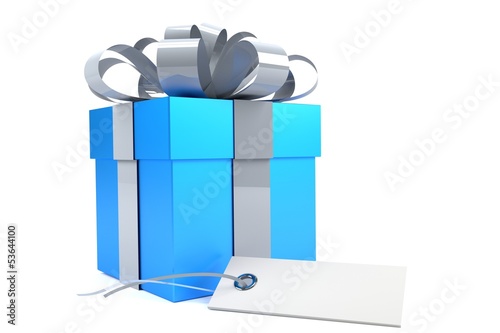 Illustration: blaues Geschenk mit Etikette blaues Geschenk mit Etikette