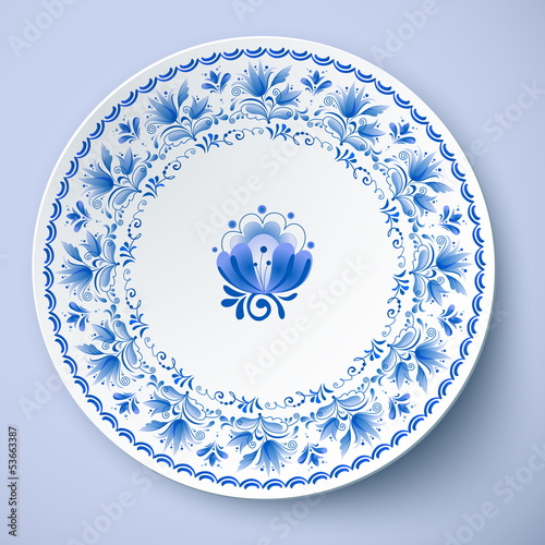 Vector: White vector plate with russian ornament White vector plate with russian ornament