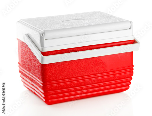 Photo: Traveling refrigerator isolated on white Traveling refrigerator isolated on white