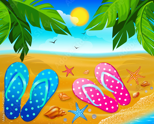 Vector: Flip-flops on sand beach, illustration Flip-flops on sand beach, illustration