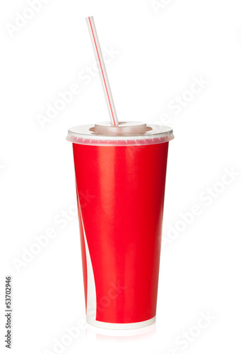 Photo: Red disposable cup with drinking straw Red disposable cup with drinking straw