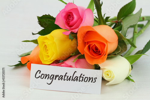 Photo: Congratulations note with colorful roses bouquet Congratulations note with colorful roses bouquet