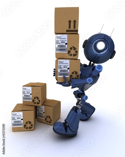 Illustration: android with shipping boxes android with shipping boxes