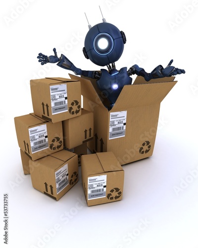 Illustration: android with shipping boxes android with shipping boxes