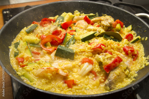 Photo: Seafood paella in a pan Seafood paella in a pan