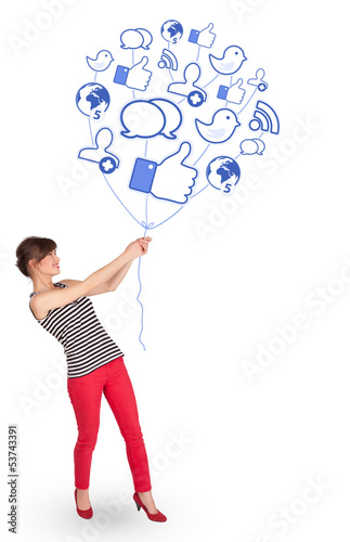 Photo: Happy lady holding social icon balloon Happy lady holding social icon balloon