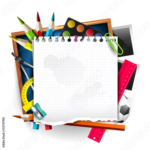 Vector: School supplies with empty paper on isolated background School supplies with empty paper on isolated background