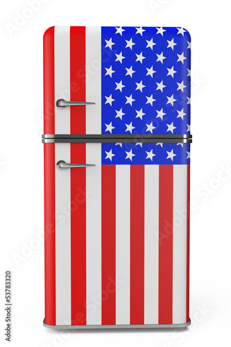 Illustration: Retro refrigerator with the USA flag on the door Retro refrigerator with the USA flag on the door