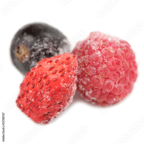 Photo: Frozen Raspberry, Blackcurrant and Wild Strawberry on White Frozen Raspberry, Blackcurrant and Wild Strawberry on White