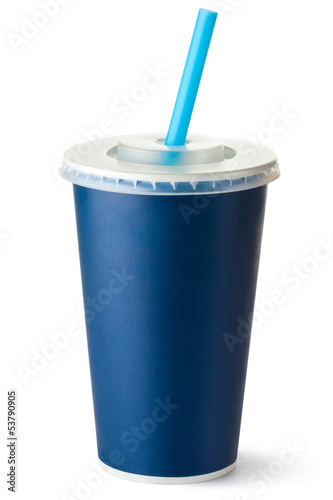 Photo: Dark blue cardboard cup with a straw Dark blue cardboard cup with a straw