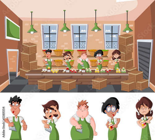 Vector: Pepper factory warehouse with people working and wooden boxes Pepper factory warehouse with people working and wooden boxes