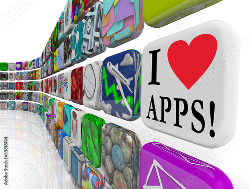 Illustration: I Love Apps Words Appplication Software Tile Icons Display I Love Apps Words Appplication Software Tile Icons Display