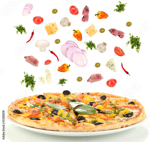 Photo: Pizza and ingredients isolated on white Pizza and ingredients isolated on white