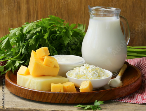 Photo: still life of dairy products (milk, sour cream, cottage cheese) still life of dairy products (milk, sour cream, cottage cheese)