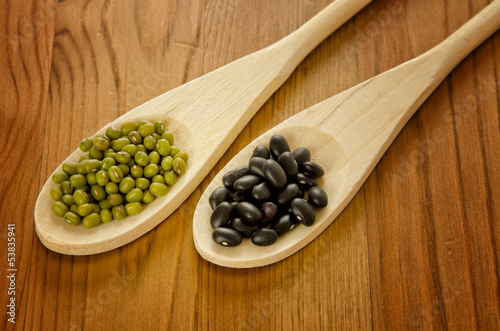 Photo: Soybeans and black beans in wooden spoons Soybeans and black beans in wooden spoons