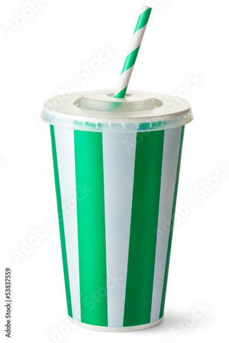 Photo: Green striped cardboard cup with a straw Green striped cardboard cup with a straw