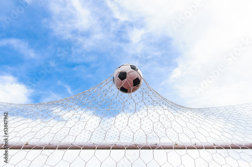Photo: football in goal net football in goal net