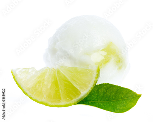 Photo: lime ice cream with lime slice and lime leaf lime ice cream with lime slice and lime leaf