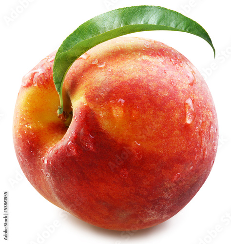Photo: Peach with leaf isolated. Peach with leaf isolated.